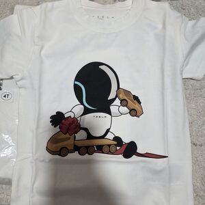 Tesla White Kids Tee with Robot and Brown Cars Graphic